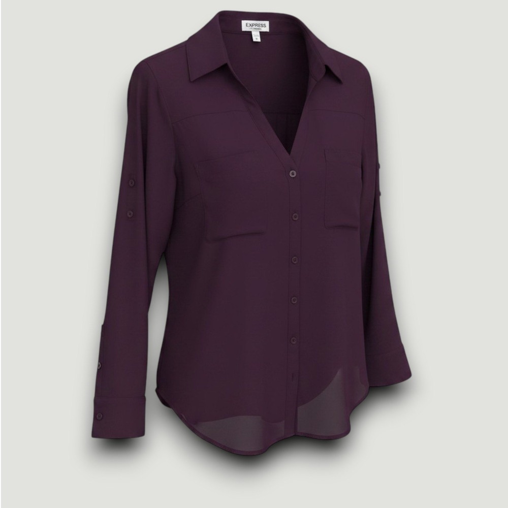 Express Womens Blouse Portofino Shirt Purple Chiffon Button Up Casual Chic